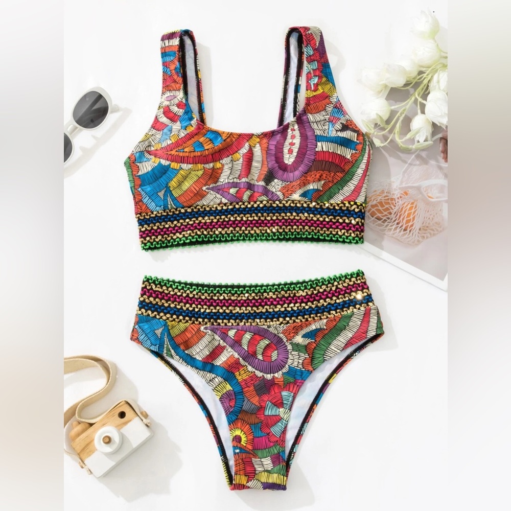 Multicolor Allover Graphic Contrast Tape Bikini Swimsuit Set High Waist Padded - Picture 3 of 6